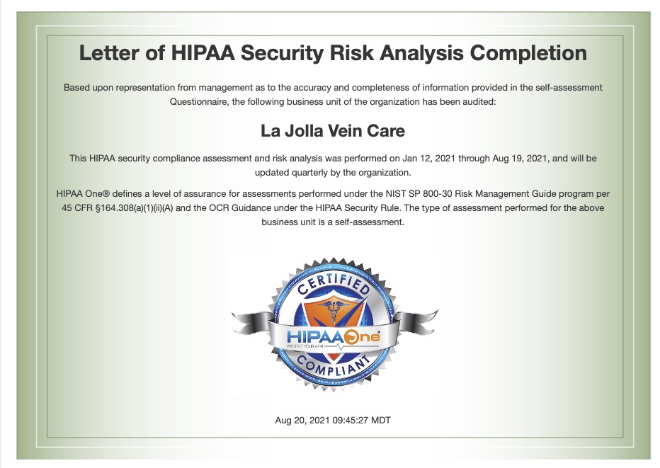 Hippa Certificate La Jolla Vein Care has been certified as HIPPA Compliant | Vein & Vascular Treatment | Vein Care Clinic in La Jolla, CA